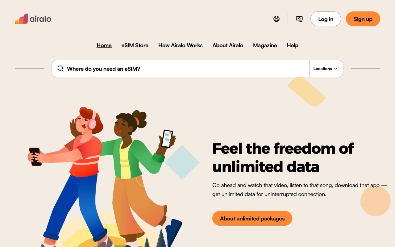 Скриншот главной страницы Airalo — поиск eSIM по направлению