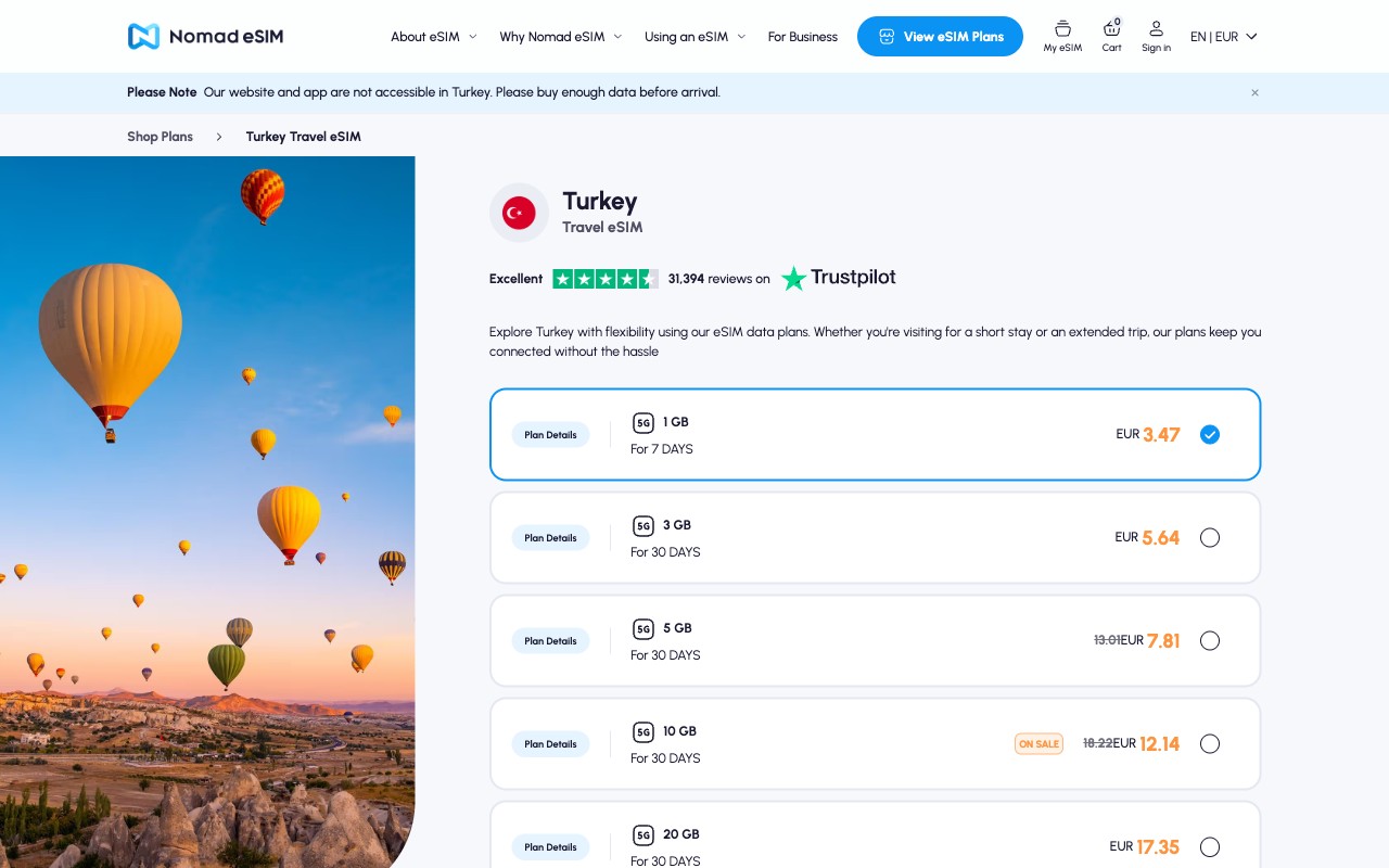 Скриншот главной страницы Nomad eSIM — тарифы и покрытие